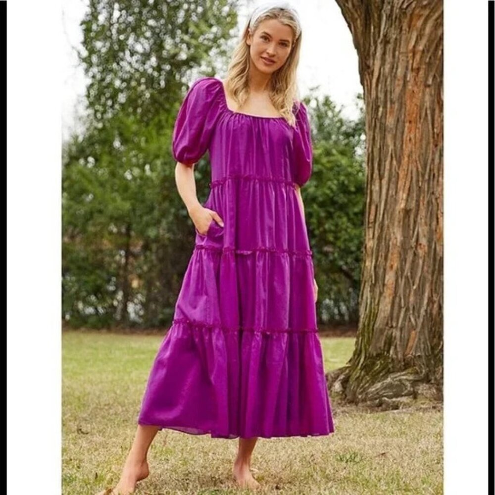 Antonia Melani Women M Rosalia Peasant Dress Tiered Puff Sleeve Silk Purple Boho